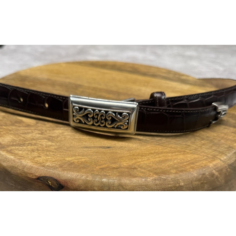 Brighton Belt Womens Large Brown‎ Leather Croc Embossed Scroll Buckle 37109